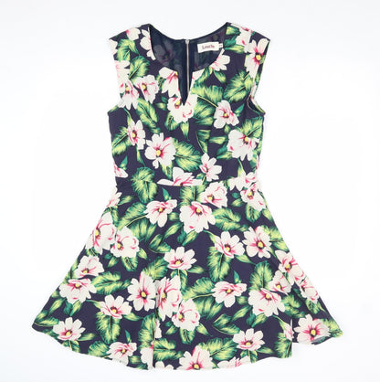 Louche Womens Multicoloured Floral Polyester Fit & Flare Size 12 V-Neck Zip
