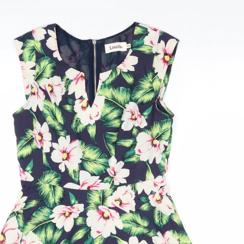 Louche Womens Multicoloured Floral Polyester Fit & Flare Size 12 V-Neck Zip