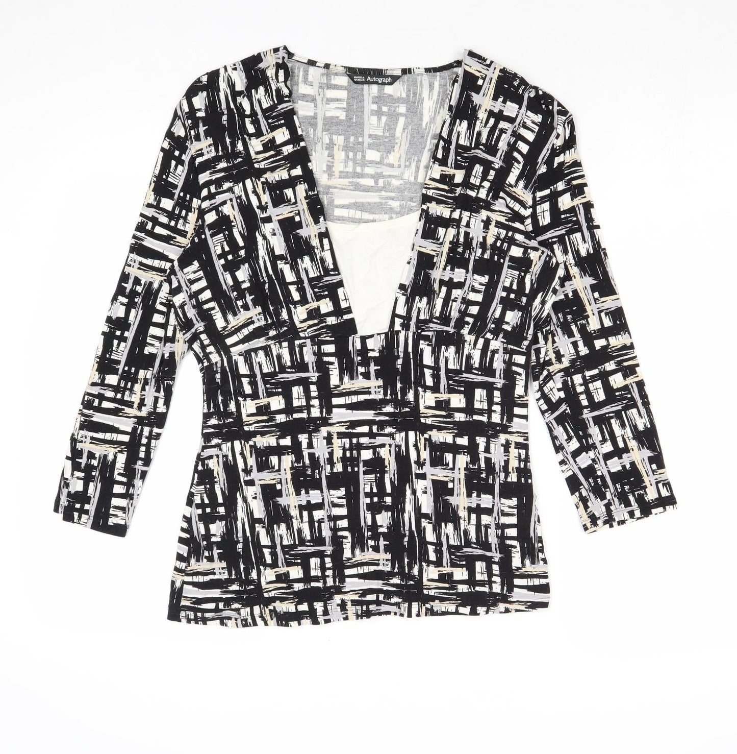 Autograph Womens Black Geometric Viscose Basic Blouse Size 12 Scoop Neck