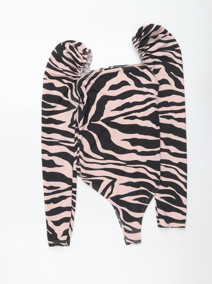 PRETTYLITTLETHING Womens Pink Animal Print Polyester Bodysuit One-Piece Size 4 Snap
