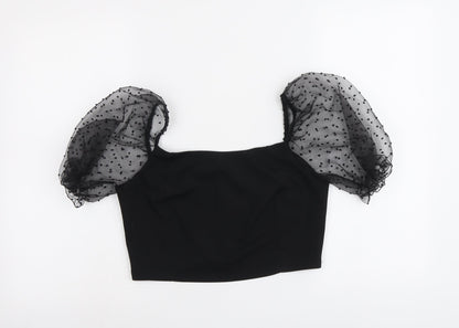 Boohoo Womens Black Polyester Cropped T-Shirt Size 10 Square Neck - Mesh Sleeve