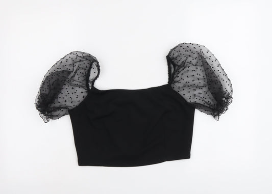 Boohoo Womens Black Polyester Cropped T-Shirt Size 10 Square Neck - Mesh Sleeve