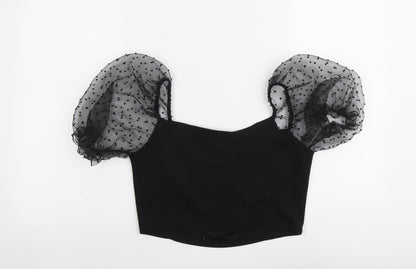 Boohoo Womens Black Polyester Cropped T-Shirt Size 10 Square Neck - Mesh Sleeve