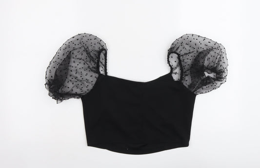 Boohoo Womens Black Polyester Cropped T-Shirt Size 10 Square Neck - Mesh Sleeve