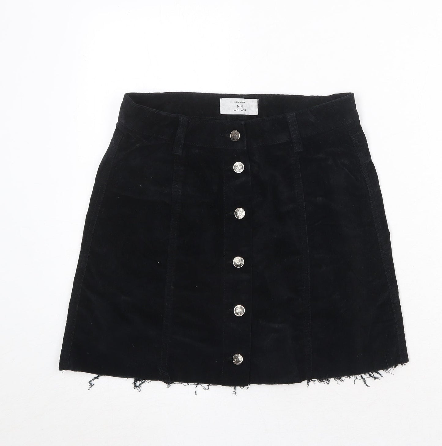 New Look Womens Black Cotton A-Line Skirt Size 8 Button