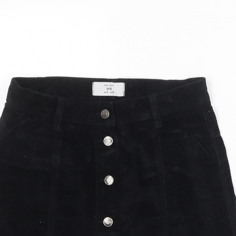New Look Womens Black Cotton A-Line Skirt Size 8 Button