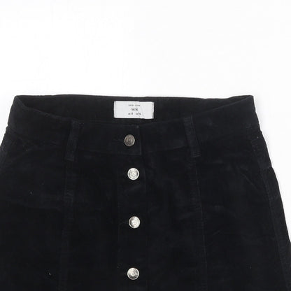 New Look Womens Black Cotton A-Line Skirt Size 8 Button