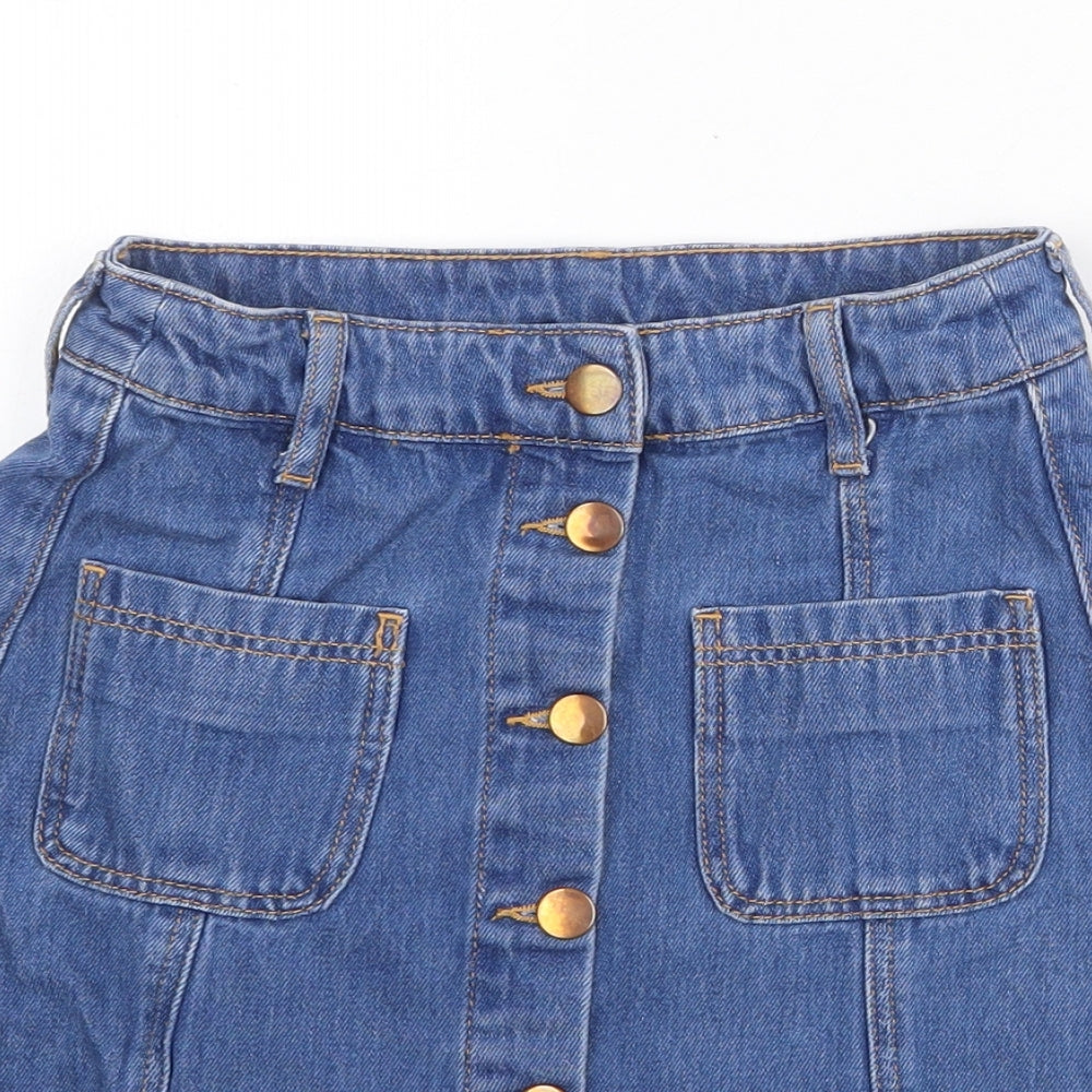 H&M Womens Blue Cotton Mini Skirt Size 6 Button