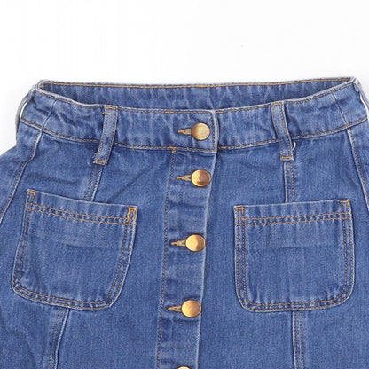 H&M Womens Blue Cotton Mini Skirt Size 6 Button
