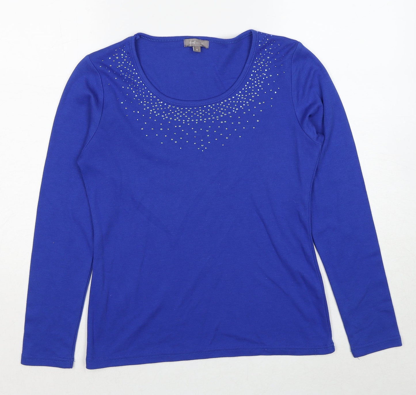 First Avenue Womens Blue Polyester Basic T-Shirt Size S Scoop Neck - Studded