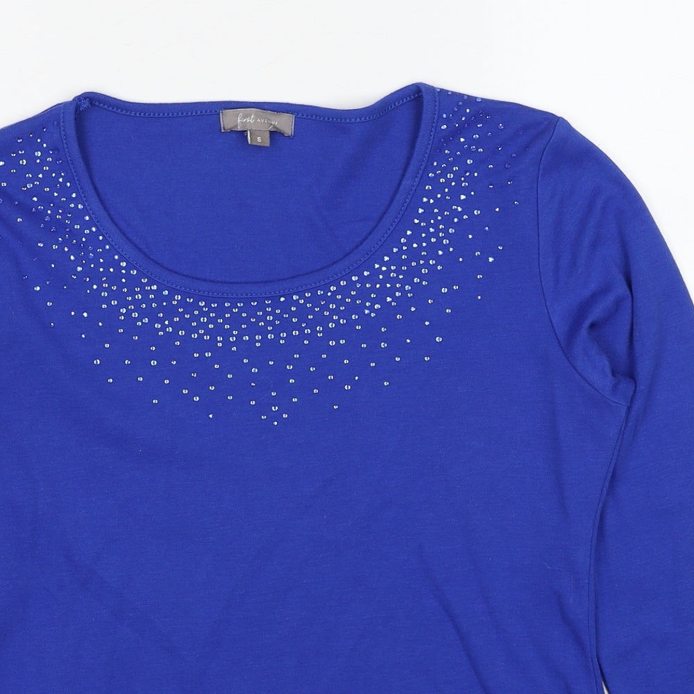 First Avenue Womens Blue Polyester Basic T-Shirt Size S Scoop Neck - Studded
