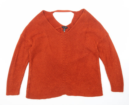 New Look Womens Orange V-Neck Acrylic Pullover Jumper Size M
