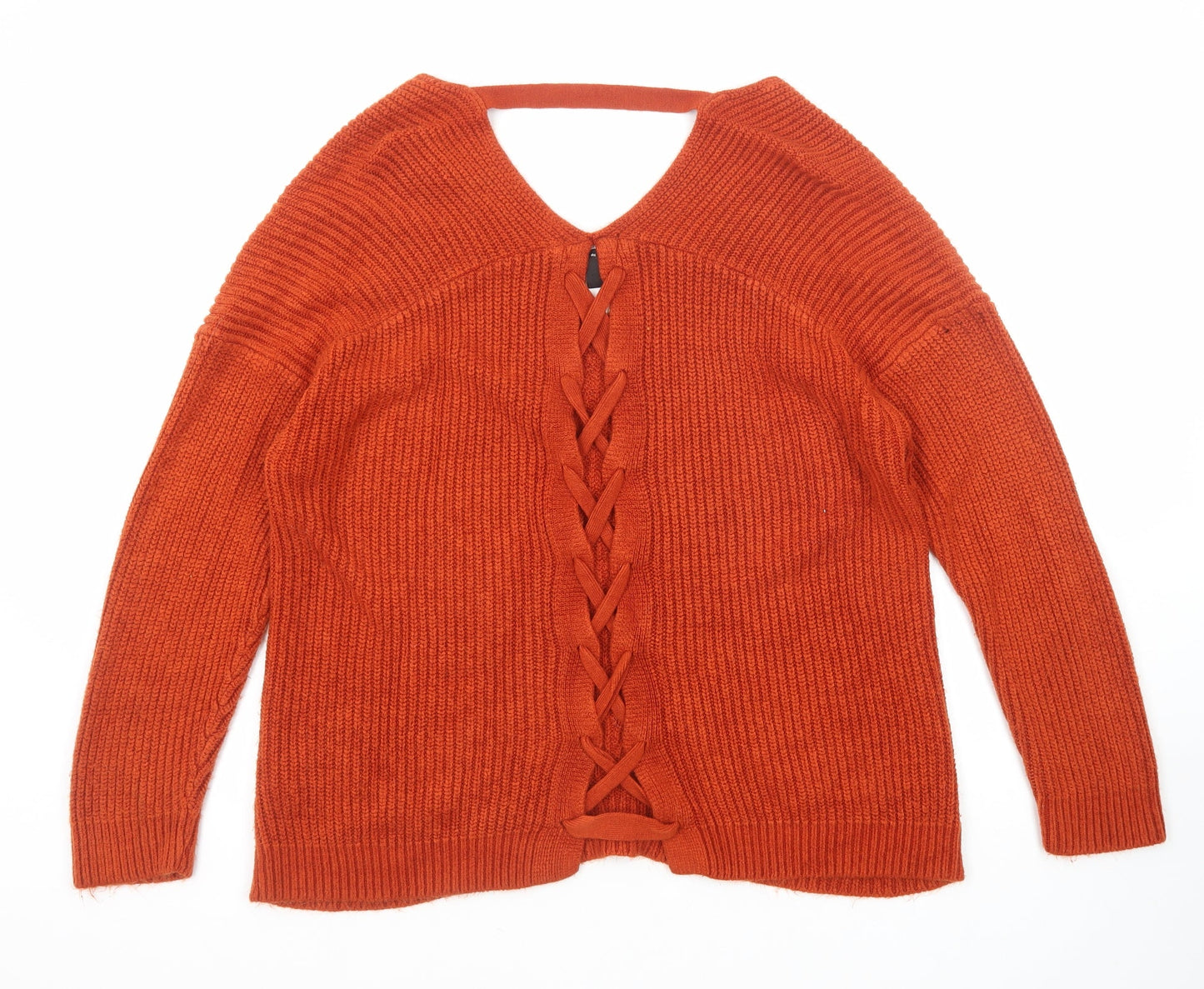 New Look Womens Orange V-Neck Acrylic Pullover Jumper Size M
