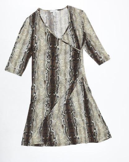 Kirsten Womens Brown Animal Print Polyester Trapeze & Swing Size 12 V-Neck Pullover - Snakeskin Pattern