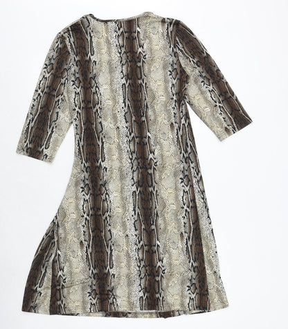 Kirsten Womens Brown Animal Print Polyester Trapeze & Swing Size 12 V-Neck Pullover - Snakeskin Pattern
