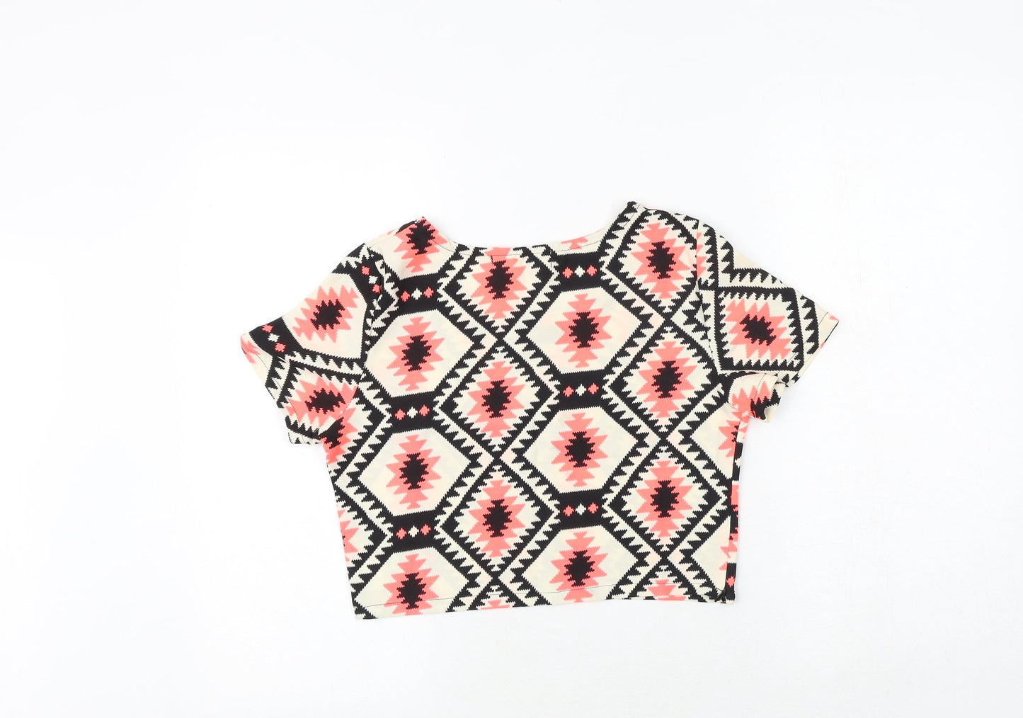 Vera & Lucy Womens Black Geometric Polyester Basic T-Shirt Size S Round Neck