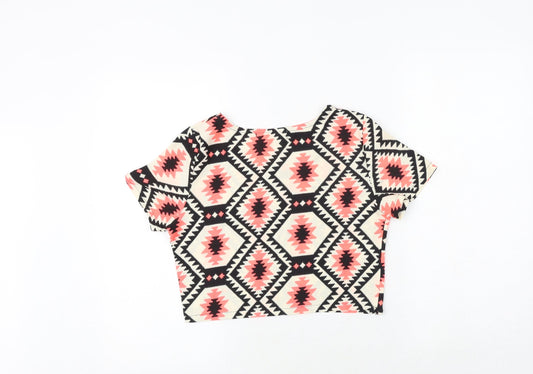 Vera & Lucy Womens Black Geometric Polyester Basic T-Shirt Size S Round Neck
