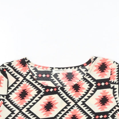 Vera & Lucy Womens Black Geometric Polyester Basic T-Shirt Size S Round Neck