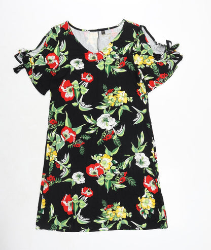 BPC Womens Black Floral Viscose A-Line Size S V-Neck Pullover - Cold Shoulder