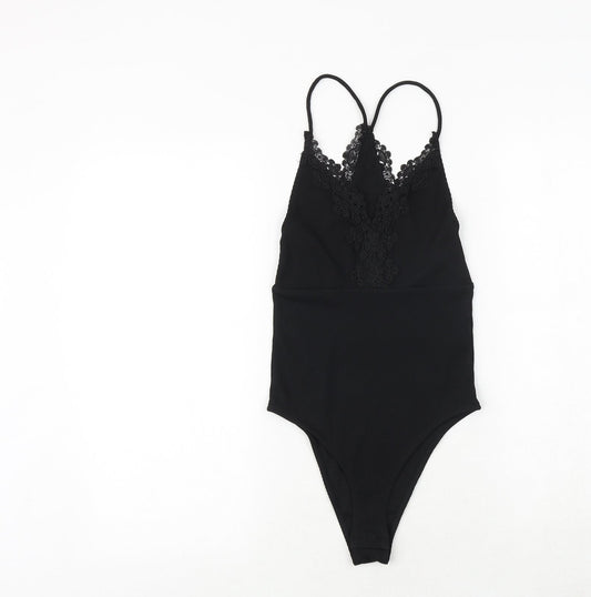 Topshop Womens Black Polyester Bodysuit One-Piece Size 6 Snap - Crocheted Lace Detail
