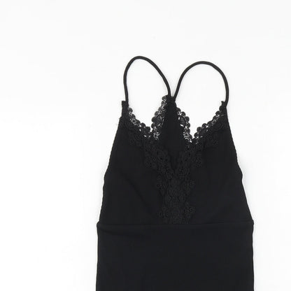 Topshop Womens Black Polyester Bodysuit One-Piece Size 6 Snap - Crocheted Lace Detail