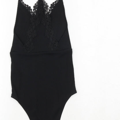 Topshop Womens Black Polyester Bodysuit One-Piece Size 6 Snap - Crocheted Lace Detail