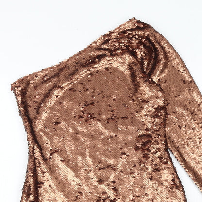 Glamorous Womens Brown Polyester Bodycon Size 10 One Shoulder Zip