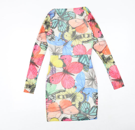 Boohoo Womens Multicoloured Geometric Polyester Bodycon Size 6 Round Neck Pullover - Butterfly Pattern