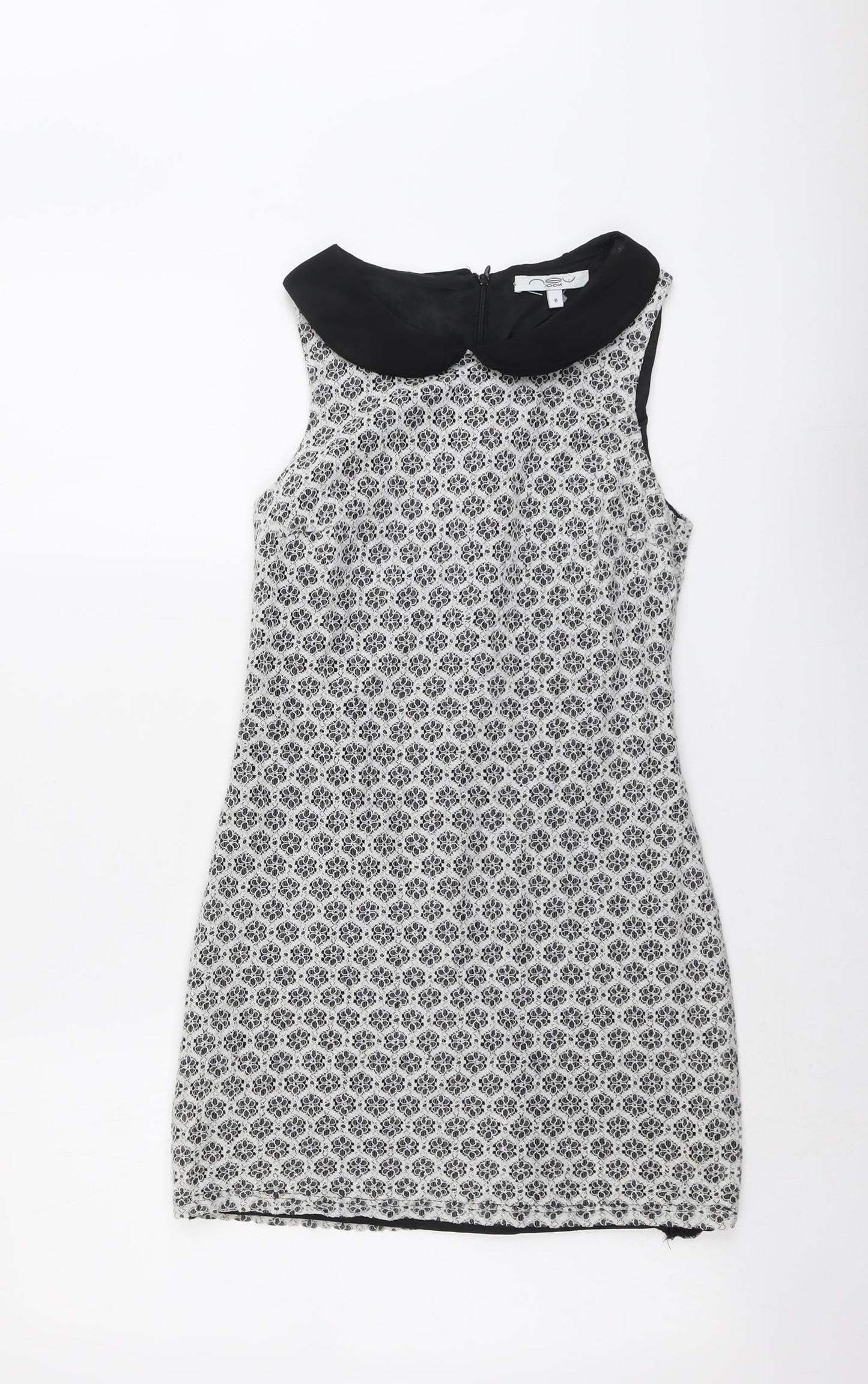 New Look Womens Black Geometric Cotton A-Line Size 8 Collared Zip