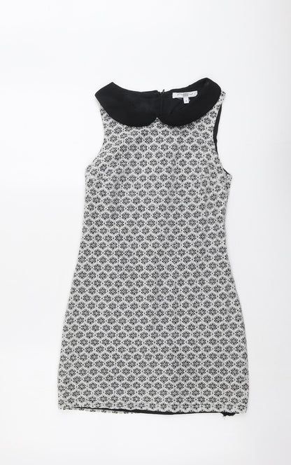 New Look Womens Black Geometric Cotton A-Line Size 8 Collared Zip