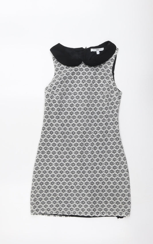 New Look Womens Black Geometric Cotton A-Line Size 8 Collared Zip