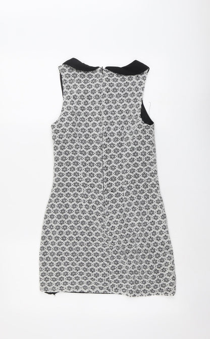 New Look Womens Black Geometric Cotton A-Line Size 8 Collared Zip