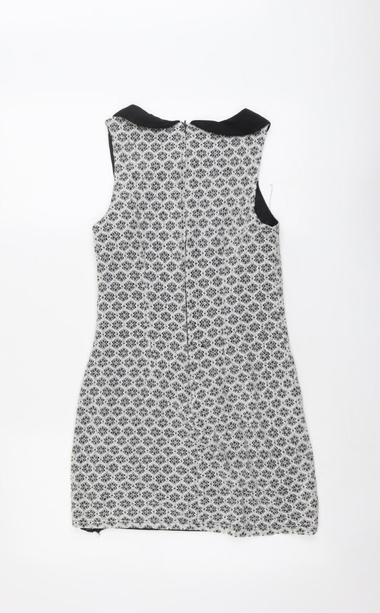 New Look Womens Black Geometric Cotton A-Line Size 8 Collared Zip