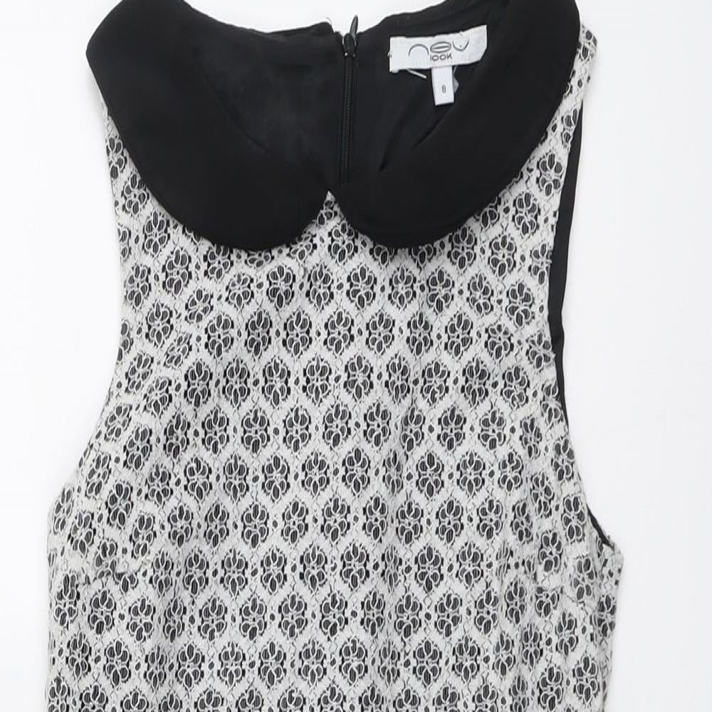 New Look Womens Black Geometric Cotton A-Line Size 8 Collared Zip