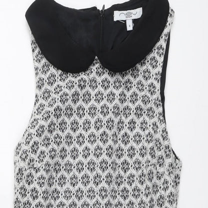 New Look Womens Black Geometric Cotton A-Line Size 8 Collared Zip