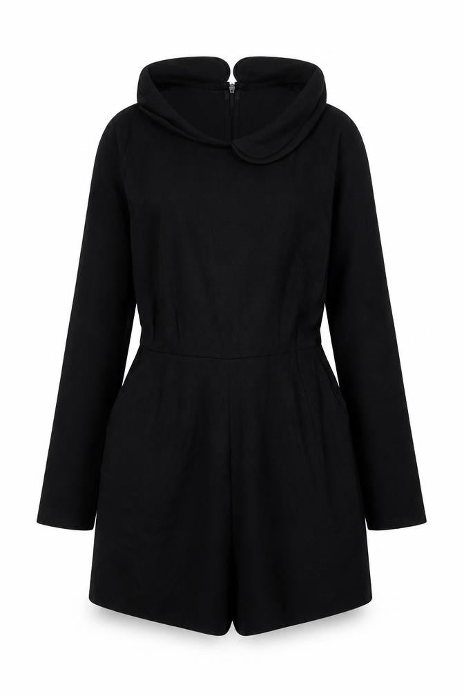 Front view of Cooperative women’s black viscose playsuit one-piece, size XS, zip