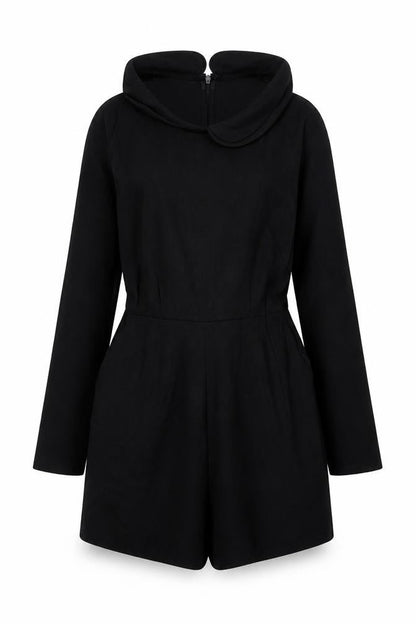 Front view of Cooperative women’s black viscose playsuit one-piece, size XS, zip