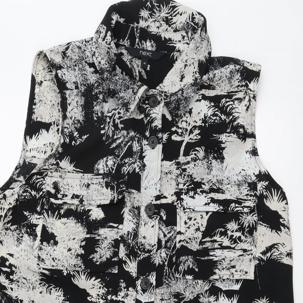 NEXT Womens Black Geometric Polyester Basic Button-Up Size 10 Collared