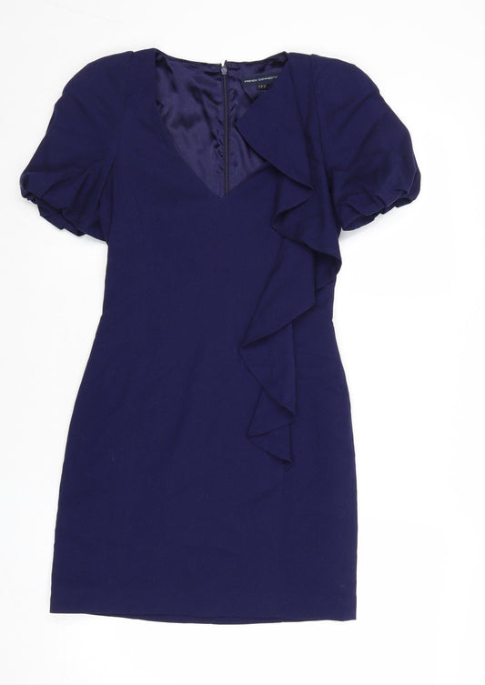French Connection Womens Blue Viscose A-Line Size 6 V-Neck Zip