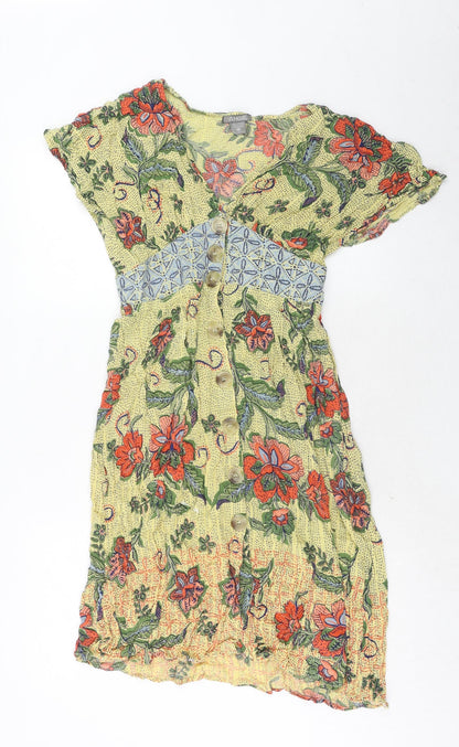 Angie Womens Yellow Floral Viscose Trapeze & Swing Size M V-Neck Button