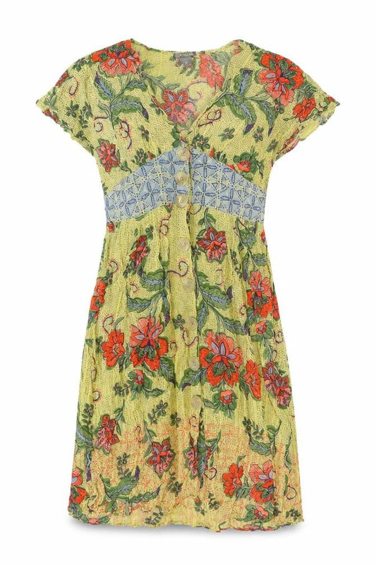 Angie Womens Yellow Floral Viscose Trapeze & Swing Size M V-Neck Button