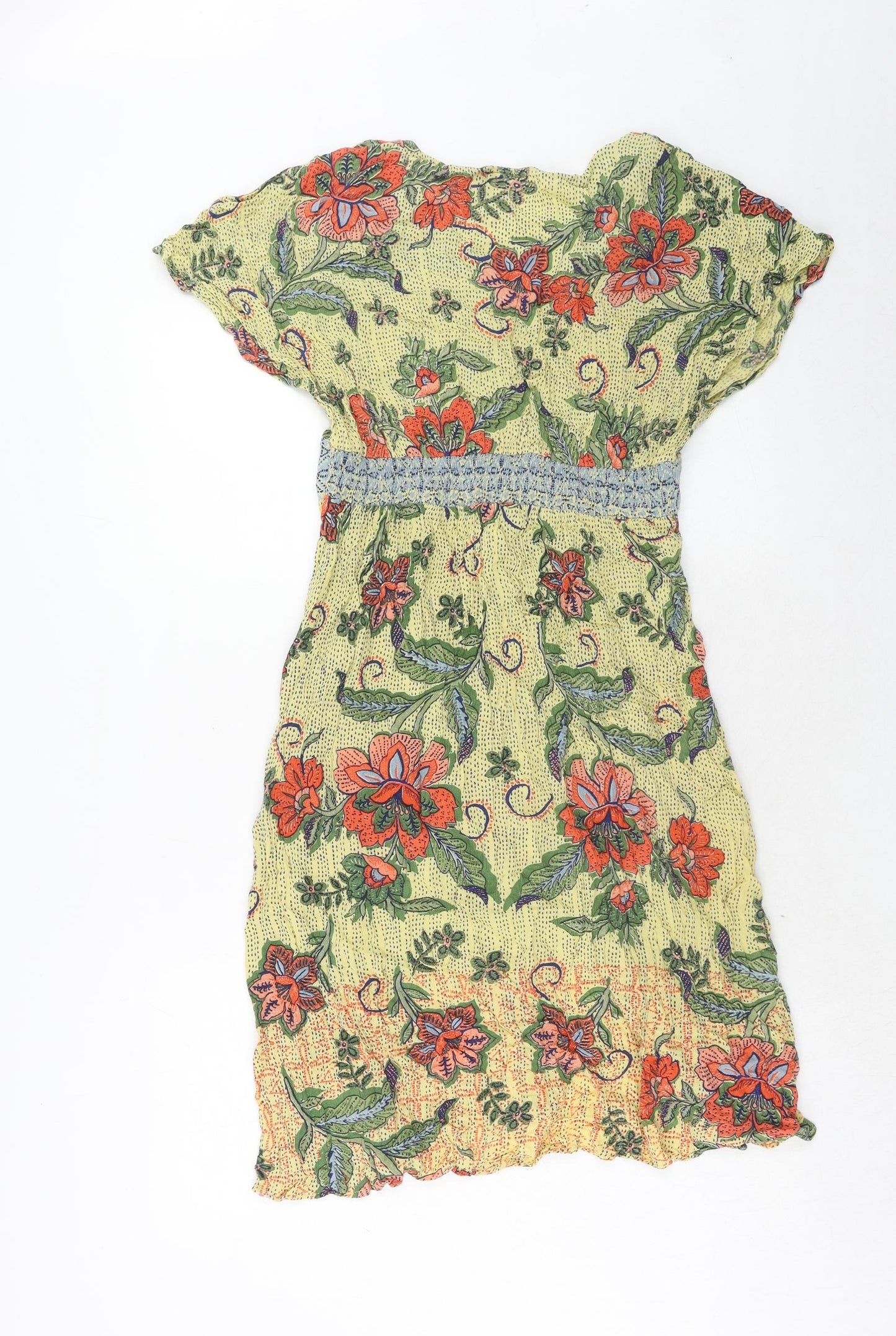 Angie Womens Yellow Floral Viscose Trapeze & Swing Size M V-Neck Button