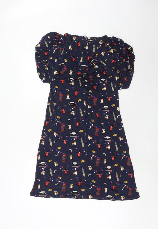 NEXT Womens Blue Geometric Viscose Trapeze & Swing Size 10 V-Neck Pullover - London Icons