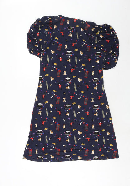 NEXT Womens Blue Geometric Viscose Trapeze & Swing Size 10 V-Neck Pullover - London Icons