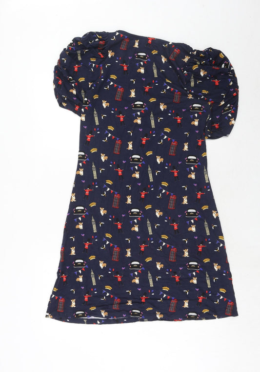 NEXT Womens Blue Geometric Viscose Trapeze & Swing Size 10 V-Neck Pullover - London Icons