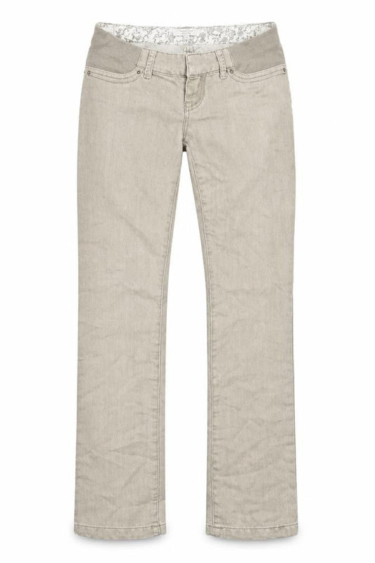 Front view of mamas & papas women’s beige cotton straight jeans, size UK 6, regular hook & eye