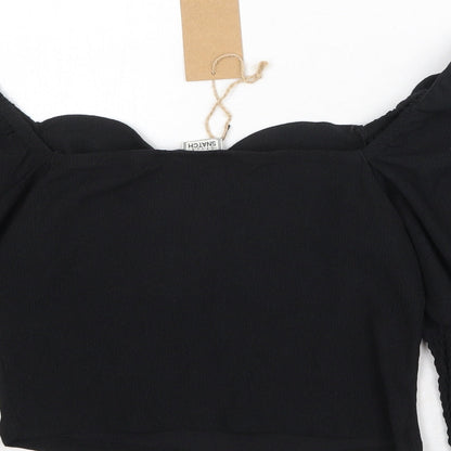 Style Snatch Womens Black Polyester Cropped Blouse Size L Round Neck