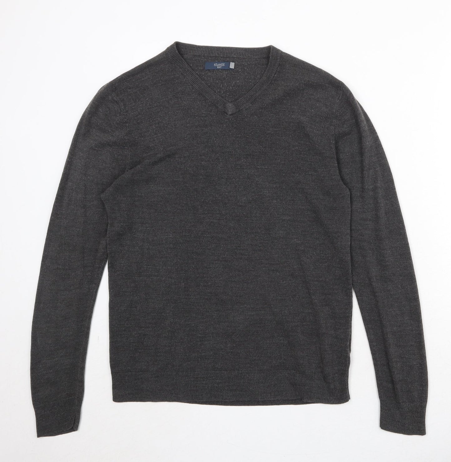 Atlantic Bay Mens Grey V-Neck Acrylic Pullover Jumper Size L Long Sleeve