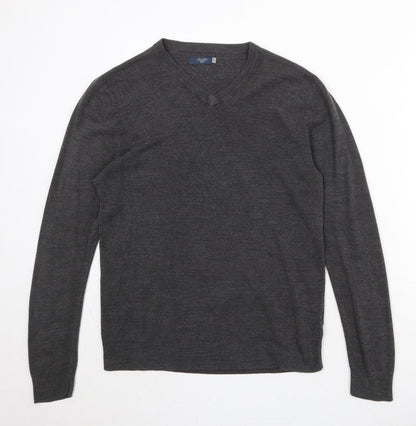 Atlantic Bay Mens Grey V-Neck Acrylic Pullover Jumper Size L Long Sleeve