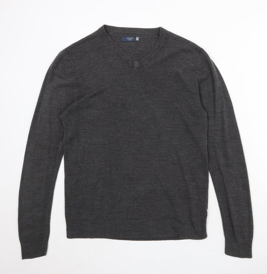 Atlantic Bay Mens Grey V-Neck Acrylic Pullover Jumper Size L Long Sleeve
